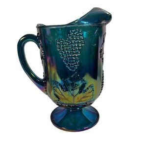 Vintage Indiana Carnival Glass Blue Grape Harvest Pitcher Iridescent Footed 10"